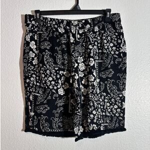 Susan Graver Pure Size L Frayed Hem Black White Linen Rayon Blend Bermuda Shorts